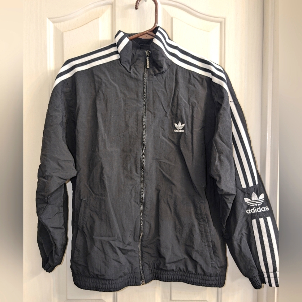 Boys Medium Adidas Black & White Stripe Windbreaker Zip Up Jacket
